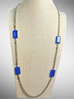 Ann Taylor Cobalt Blue Crystal Gold Tone Long Station Necklace 31”
